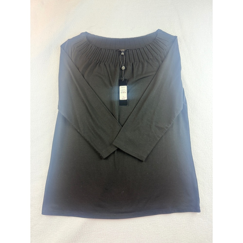 Talbots Woman's‎ Black Classic Fit Top Pleated Neck 3/4 Sleeve Size Medium